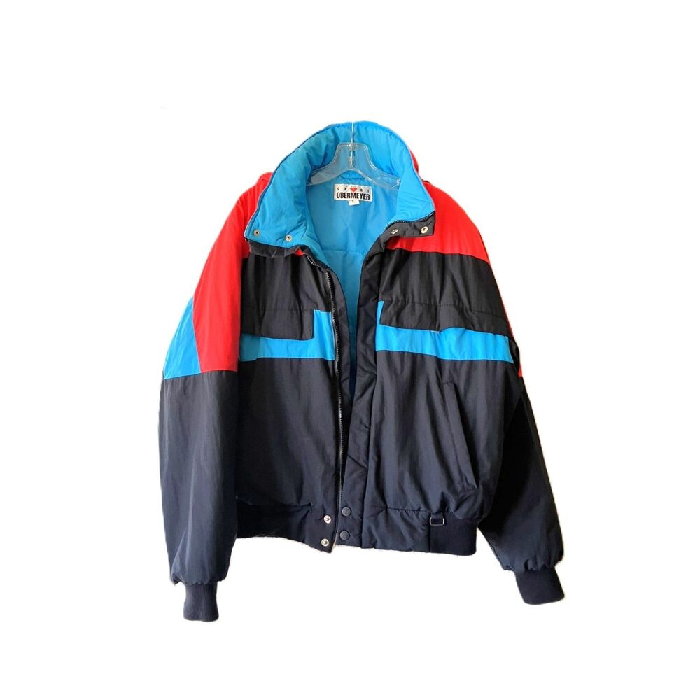 Vintage Obermeyer Sport Ski Jacket Mens Large Colorblock Black Blue Red Retro